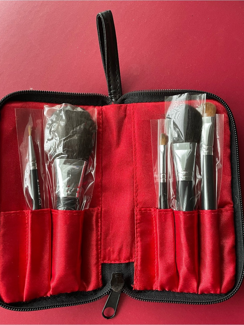 Makeup Brush Set in Black Leather Case RedSatin Lining brand new have never used